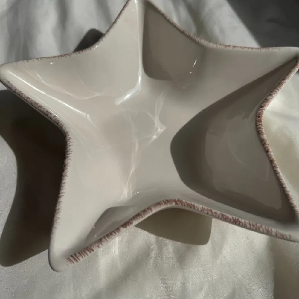 EUC, Pottery Barn Star Shape Serving Dish, Ceramic, Cream with Brown Trim, 7 in.